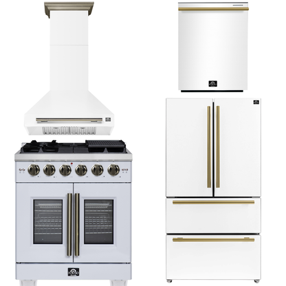 FORNO Appliance Package - 30" French Door Gas Range, Range Hood, 36" Refrigerator with Ice Maker, Dishwasher in White with Antique Brass Accents, AP-FFSGS6460-30WHT-A