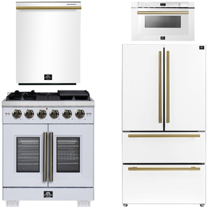 FORNO Appliance Package - 30" French Door Gas Range, 36" Refrigerator with Ice Maker, Dishwasher, 24" Microwave Drawer in White with Antique Brass Accents, AP-FFSGS6460-30WHT-B