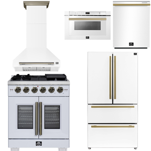 FORNO Appliance Package - 30" French Door Gas Range, Range Hood, 36" Refrigerator with Ice Maker, Dishwasher, 24" Microwave Drawer in White with Antique Brass Accents, AP-FFSGS6460-30WHT-C
