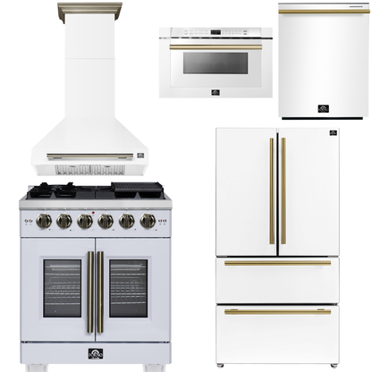 FORNO Appliance Package - 30" French Door Gas Range, Range Hood, 36" Refrigerator with Ice Maker, Dishwasher, 24" Microwave Drawer in White with Antique Brass Accents, AP-FFSGS6460-30WHT-C