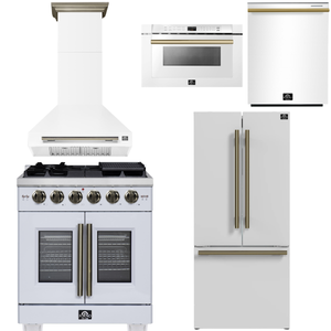 FORNO Appliance Package - 30" French Door Gas Range, Range Hood, 30" French Door Refrigerator with Ice Maker, Dishwasher, 24" Microwave Drawer in White with Antique Brass Accents, AP-FFSGS6460-30WHT-D