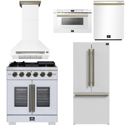 FORNO Appliance Package - 30" French Door Gas Range, Range Hood, 30" French Door Refrigerator with Ice Maker, Dishwasher, 24" Microwave Drawer in White with Antique Brass Accents, AP-FFSGS6460-30WHT-D