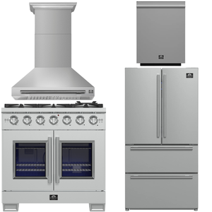 FORNO Appliance Package - 36" French Door Gas Range, Range Hood, 36" Refrigerator with Ice Maker, Dishwasher in Stainless Steel, AP-FFSGS6460-36-A