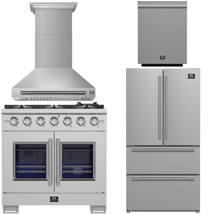 FORNO Appliance Package - 36" French Door Gas Range, Range Hood, 36" Refrigerator with Ice Maker, Dishwasher in Stainless Steel, AP-FFSGS6460-36-A