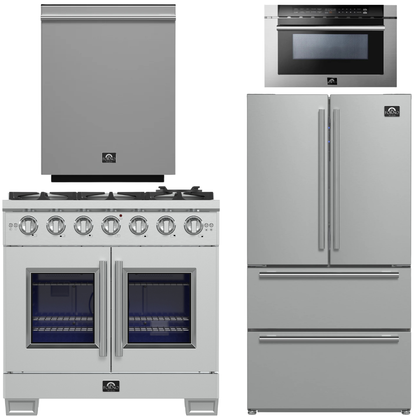 FORNO Appliance Package - 36" French Door Gas Range, 36" Refrigerator with Ice Maker, Dishwasher, 24" Microwave Drawer in Stainless Steel, AP-FFSGS6460-36-B