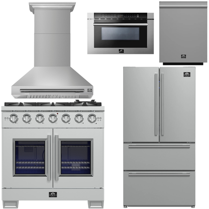 FORNO Appliance Package - 36" French Door Gas Range, Range Hood, 36" Refrigerator with Ice Maker, Dishwasher, 24" Microwave Drawer in Stainless Steel, AP-FFSGS6460-36-C