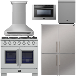FORNO Appliance Package - 36" French Door Gas Range, Range Hood, 46.8" Custodia Refrigerator with Bottom Freezer and Ice Maker, Dishwasher, 24" Microwave Drawer in Stainless Steel, AP-FFSGS6460-36-D