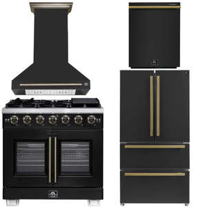 FORNO Appliance Package - 36" French Door Gas Range, Range Hood, 36" Refrigerator with Ice Maker, Dishwasher in Black with Antique Brass Accents, AP-FFSGS6460-36BLK-A