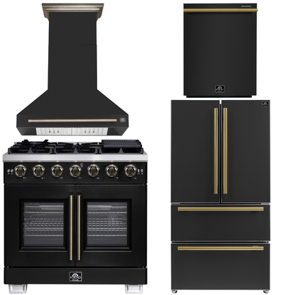 FORNO Appliance Package - 36" French Door Gas Range, Range Hood, 36" Refrigerator with Ice Maker, Dishwasher in Black with Antique Brass Accents, AP-FFSGS6460-36BLK-A
