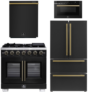 FORNO Appliance Package - 36" French Door Gas Range, 36" Refrigerator with Ice Maker, Dishwasher, 24" Microwave Drawer in Black with Antique Brass Accents, AP-FFSGS6460-36BLK-B
