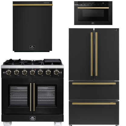 FORNO Appliance Package - 36" French Door Gas Range, 36" Refrigerator with Ice Maker, Dishwasher, 24" Microwave Drawer in Black with Antique Brass Accents, AP-FFSGS6460-36BLK-B