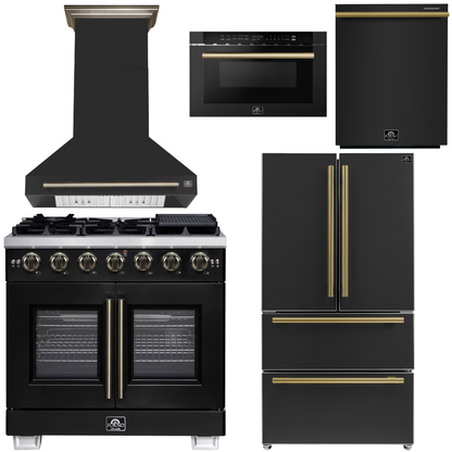 FORNO Appliance Package - 36" French Door Gas Range, Range Hood, 36" Refrigerator with Ice Maker, Dishwasher, 24" Microwave Drawer in Black with Antique Brass Accents, AP-FFSGS6460-36BLK-C