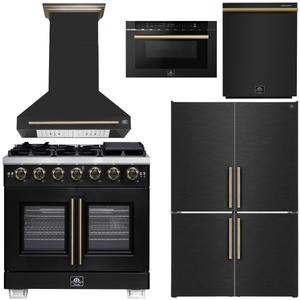 FORNO Appliance Package - 36" French Door Gas Range, Range Hood, 46.8" Custodia Refrigerator with Bottom Freezer and Ice Maker, Dishwasher, 24" Microwave Drawer in Black with Antique Brass Accents, AP-FFSGS6460-36BLK-D