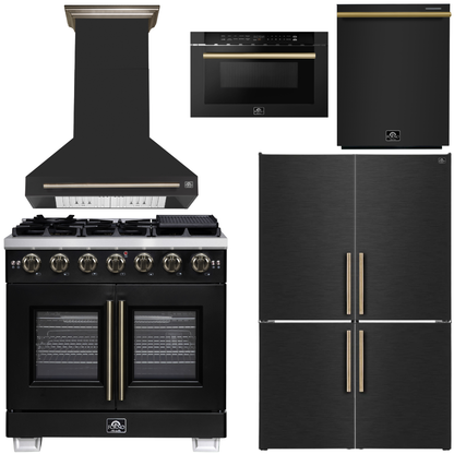 FORNO Appliance Package - 36" French Door Gas Range, Range Hood, 46.8" Custodia Refrigerator with Bottom Freezer and Ice Maker, Dishwasher, 24" Microwave Drawer in Black with Antique Brass Accents, AP-FFSGS6460-36BLK-D