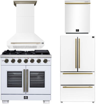 FORNO Appliance Package - 36" French Door Gas Range, Range Hood, 36" Refrigerator with Ice Maker, Dishwasher in White with Antique Brass Accents, AP-FFSGS6460-36WHT-A