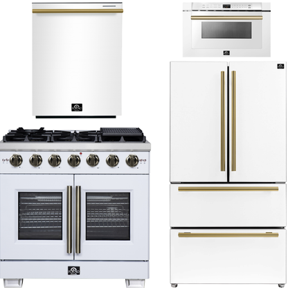 FORNO Appliance Package - 36" French Door Gas Range, 36" Refrigerator with Ice Maker, Dishwasher, 24" Microwave Drawer in White with Antique Brass Accents, AP-FFSGS6460-36WHT-B