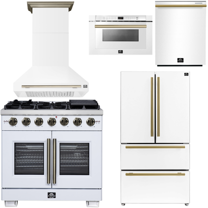 FORNO Appliance Package - 36" French Door Gas Range, Range Hood, 36" Refrigerator with Ice Maker, Dishwasher, 24" Microwave Drawer in White with Antique Brass Accents, AP-FFSGS6460-36WHT-C
