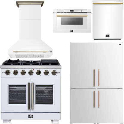 FORNO Appliance Package - 36" French Door Gas Range, Range Hood, 46.8" Custodia Refrigerator with Bottom Freezer and Ice Maker, Dishwasher, 24" Microwave Drawer in White with Antique Brass Accents, AP-FFSGS6460-36WHT-D