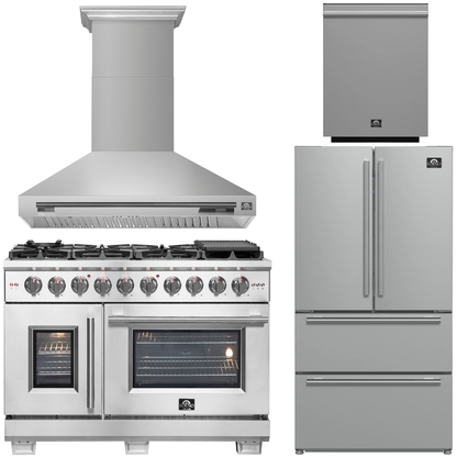 FORNO Appliance Package - 48" French Door Gas Range, Range Hood, 36" Refrigerator with Ice Maker, Dishwasher in Stainless Steel, AP-FFSGS6460-48-A