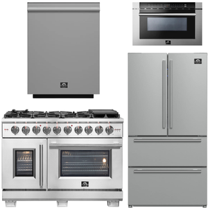 FORNO Appliance Package - 48" French Door Gas Range, 36" Refrigerator with Ice Maker, Dishwasher, 24" Microwave Drawer in Stainless Steel, AP-FFSGS6460-48-B