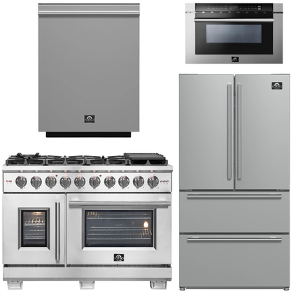 FORNO Appliance Package - 48" French Door Gas Range, 36" Refrigerator with Ice Maker, Dishwasher, 24" Microwave Drawer in Stainless Steel, AP-FFSGS6460-48-B