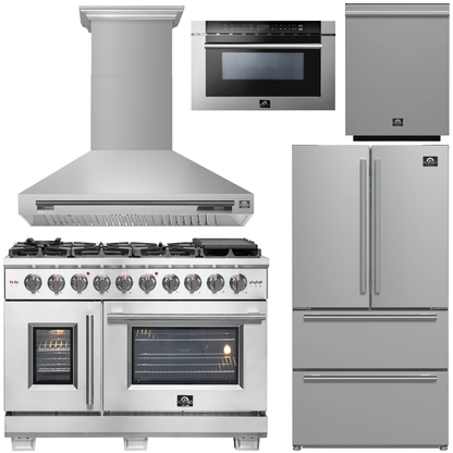 FORNO Appliance Package - 48" French Door Gas Range, Range Hood, 36" Refrigerator with Ice Maker, Dishwasher, 24" Microwave Drawer in Stainless Steel, AP-FFSGS6460-48-C