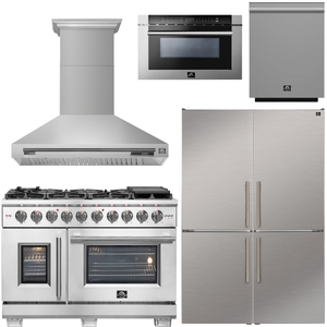 FORNO Appliance Package - 48" French Door Gas Range, Range Hood, 46.8" Custodia Refrigerator with Bottom Freezer and Ice Maker, Dishwasher, 24" Microwave Drawer in Stainless Steel, AP-FFSGS6460-48-D