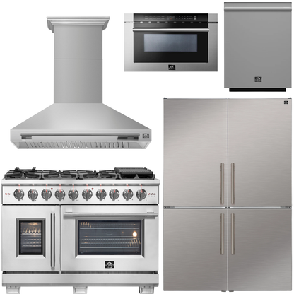 FORNO Appliance Package - 48" French Door Gas Range, Range Hood, 46.8" Custodia Refrigerator with Bottom Freezer and Ice Maker, Dishwasher, 24" Microwave Drawer in Stainless Steel, AP-FFSGS6460-48-D