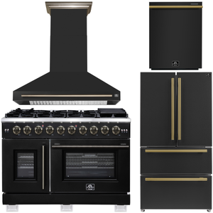 FORNO Appliance Package - 48" French Door Gas Range, Range Hood, 36" Refrigerator with Ice Maker, Dishwasher in Black with Antique Brass Accents, AP-FFSGS6460-48BLK-A