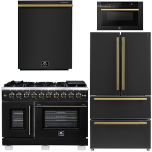 FORNO Appliance Package - 48" French Door Gas Range, 36" Refrigerator with Ice Maker, Dishwasher, 24" Microwave Drawer in Black with Antique Brass Accents, AP-FFSGS6460-48BLK-B