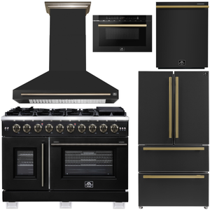 FORNO Appliance Package - 48" French Door Gas Range, Range Hood, 36" Refrigerator with Ice Maker, Dishwasher, 24" Microwave Drawer in Black with Antique Brass Accents, AP-FFSGS6460-48BLK-C
