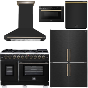 FORNO Appliance Package - 48" French Door Gas Range, Range Hood, 46.8" Custodia Refrigerator with Bottom Freezer and Ice Maker, Dishwasher, 24" Microwave Drawer in Black with Antique Brass Accents, AP-FFSGS6460-48BLK-D