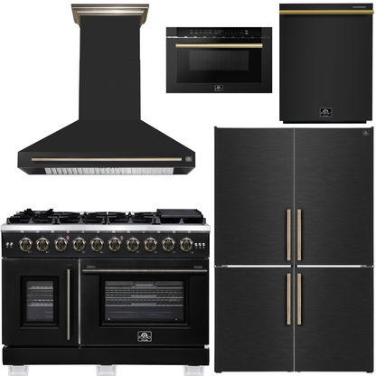 FORNO Appliance Package - 48" French Door Gas Range, Range Hood, 46.8" Custodia Refrigerator with Bottom Freezer and Ice Maker, Dishwasher, 24" Microwave Drawer in Black with Antique Brass Accents, AP-FFSGS6460-48BLK-D