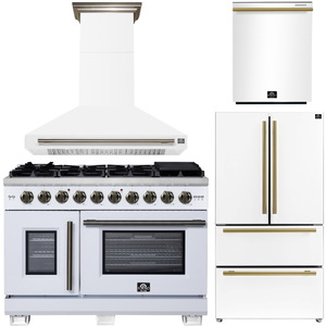 FORNO Appliance Package - 48" French Door Gas Range, Range Hood, 36" Refrigerator with Ice Maker, Dishwasher in White with Antique Brass Accents, AP-FFSGS6460-48WHT-A