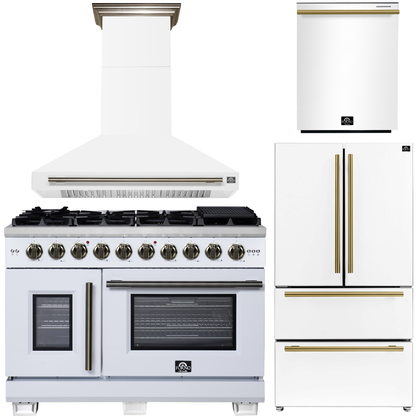 FORNO Appliance Package - 48" French Door Gas Range, Range Hood, 36" Refrigerator with Ice Maker, Dishwasher in White with Antique Brass Accents, AP-FFSGS6460-48WHT-A