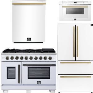 FORNO Appliance Package - 48" French Door Gas Range, 36" Refrigerator with Ice Maker, Dishwasher, 24" Microwave Drawer in White with Antique Brass Accents, AP-FFSGS6460-48WHT-B