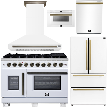 FORNO Appliance Package - 48" French Door Gas Range, Range Hood, 36" Refrigerator with Ice Maker, Dishwasher, 24" Microwave Drawer in White with Antique Brass Accents, AP-FFSGS6460-48WHT-C