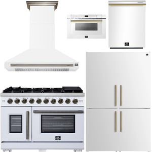 FORNO Appliance Package - 48" French Door Gas Range, Range Hood, 46.8" Custodia Refrigerator with Bottom Freezer and Ice Maker, Dishwasher, 24" Microwave Drawer in White with Antique Brass Accents, AP-FFSGS6460-48WHT-D