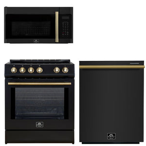 FORNO Espresso Package - 30" Induction Range, Over-The-Range Microwave and Dishwasher in Black with Antique Brass Accents, AP3-0982BLK-A10