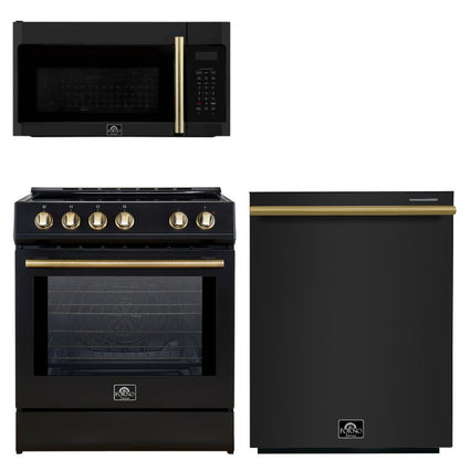 FORNO Espresso Package - 30" Induction Range, Over-The-Range Microwave and Dishwasher in Black with Antique Brass Accents, AP3-0982BLK-A10
