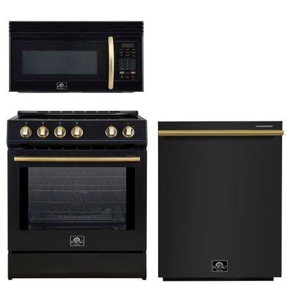 FORNO Espresso Package - 30" Induction Range, Over-The-Range Microwave and Dishwasher in Black with Antique Brass Accents, AP3-0982BLK-A9