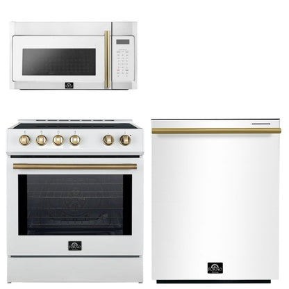 FORNO Espresso Package - 30" Induction Range, Over-The-Range Microwave and Dishwasher in White with Antique Brass Accents, AP3-0982WHT-A10