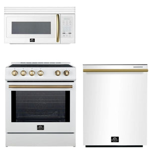 FORNO Espresso Package - 30" Induction Range, Over-The-Range Microwave and Dishwasher in White with Antique Brass Accents, AP3-0982WHT-A9