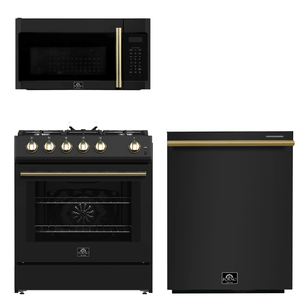 FORNO Espresso Package - 30" Gas Range, Over-The-Range Microwave and Dishwasher in Black with Antique Brass Accents, AP3-1116BLK-A10
