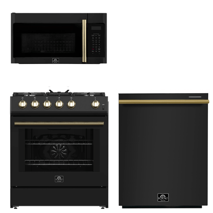 FORNO Espresso Package - 30" Gas Range, Over-The-Range Microwave and Dishwasher in Black with Antique Brass Accents, AP3-1116BLK-A10