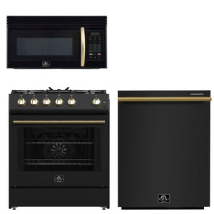 FORNO Espresso Package - 30" Gas Range, Over-The-Range Microwave and Dishwasher in Black with Antique Brass Accents, AP3-1116BLK-A9