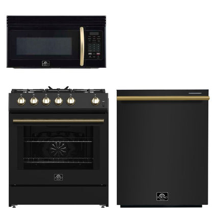 FORNO Espresso Package - 30" Gas Range, Over-The-Range Microwave and Dishwasher in Black with Antique Brass Accents, AP3-1116BLK-A9