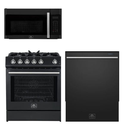 FORNO Espresso Package - 30" Gas Range, Over-The-Range Microwave and Dishwasher in Black with Silver Accents, AP3-1116BLK-S10