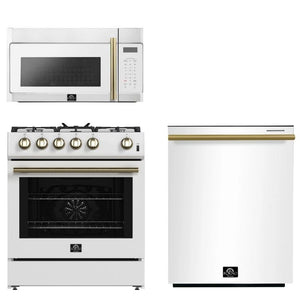 FORNO Espresso Package - 30" Gas Range, Over-The-Range Microwave and Dishwasher in White with Antique Brass Accents, AP3-1116WHT-A10