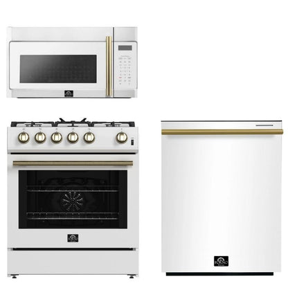 FORNO Espresso Package - 30" Gas Range, Over-The-Range Microwave and Dishwasher in White with Antique Brass Accents, AP3-1116WHT-A10